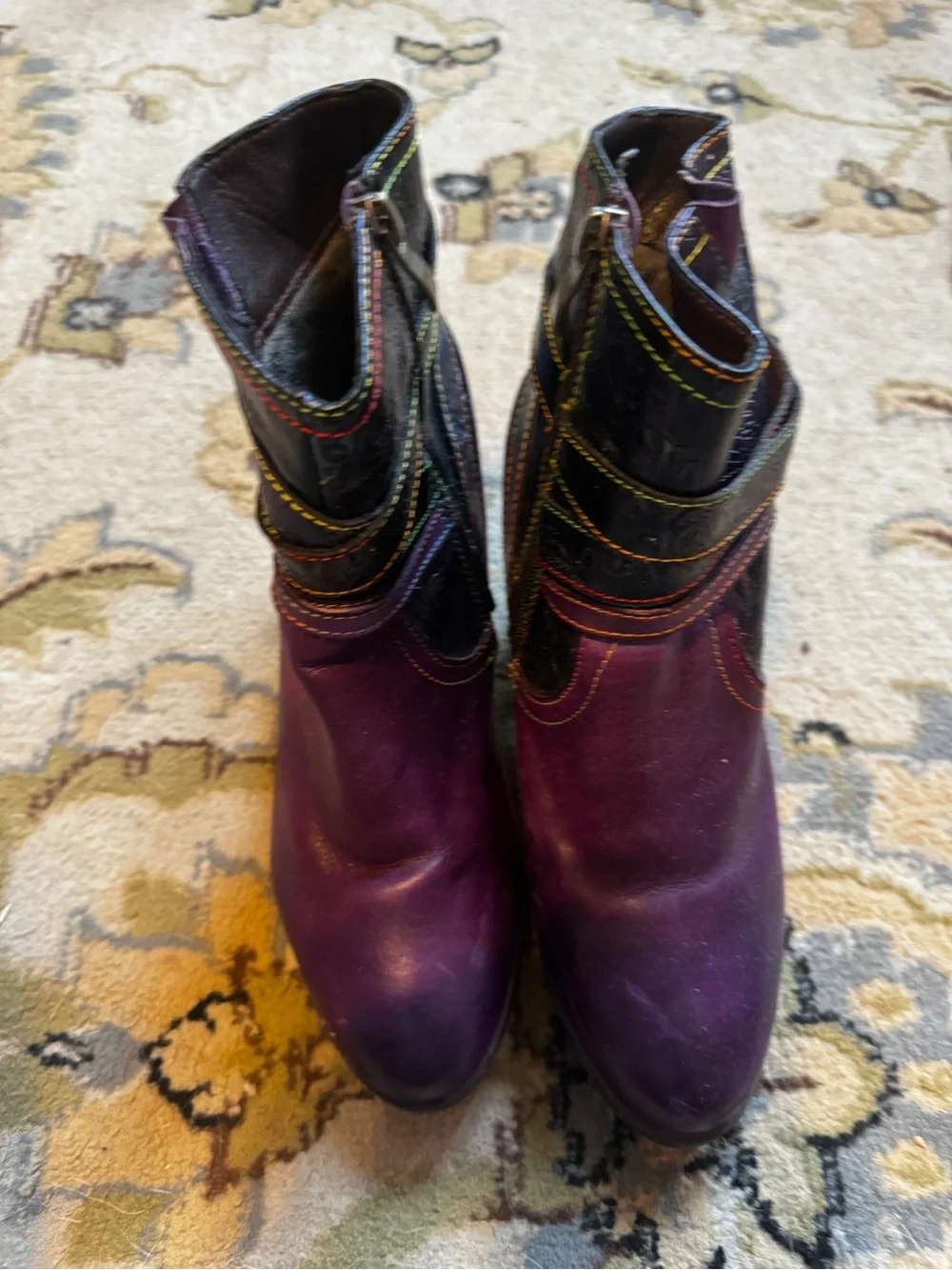 Women's Purple Leather Ankle Boots with Embossed Strap Detail